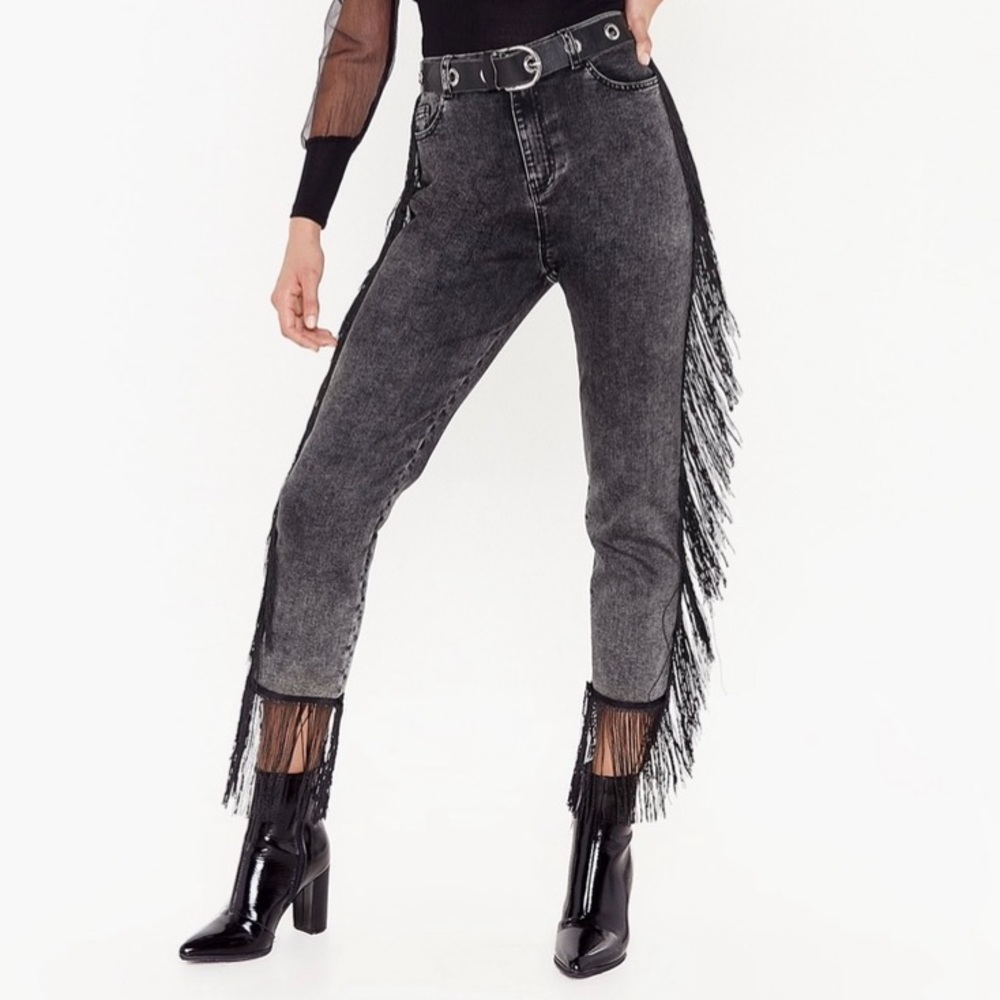 Fringe High Waisted Jeans Black Wash Nasty Gal